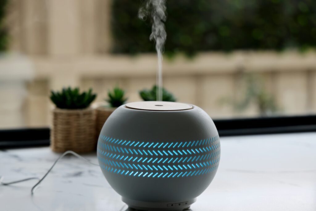 A clean bedroom with an air purifier running to reduce pollen and dust allergies.